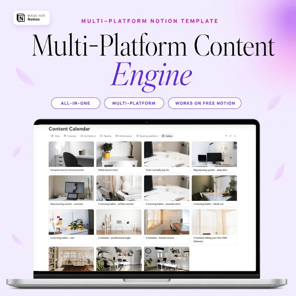 Multi-Platform Content Engine Notion template - content calendar, idea bank and performance dashboard